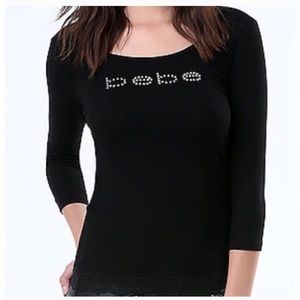 Bebe Logo Quarter Sleeve Rhinestone Shirt